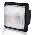 100W LED Parking Garage Canopy Light 1 - 3/4 view, black, square housing with clear prismatic lens cover, integrated heat