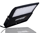100W Shoebox LED Parking Lot Light 1 - 3/4 view, black, rectangular led array with clear polycarbonate lens cover