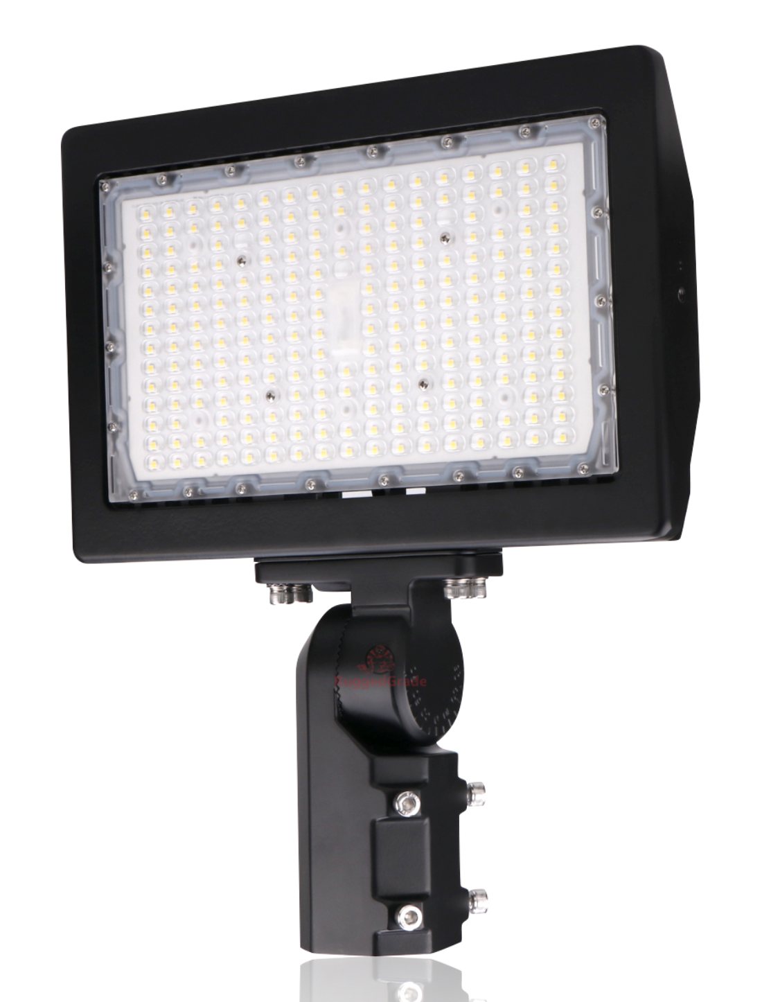 200W LED Parking Lot Flood Light 1 - 3/4 view, black, rectangular led array with clear protective lens
