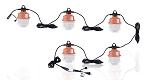 50W LED Dock Light 1 - arranged layout, orange and clear, five-light led string light system with orange metal junction boxes