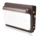 100W Commercial LED Wall Pack 1 - angled view, bronze, integrated photocell sensor, clear prismatic lens cover, and robust