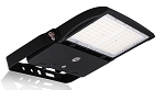 100W Shoebox LED Parking Lot Light 1 - angled view, black, high-output led array with clear tempered glass lens, robust