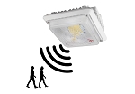 100W LED Motion Sensor Parking Garage Light 1 - angled view, white, led canopy light fixture
