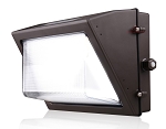 120W Battery Backup LED Wall Pack 1 - 3/4 view, bronze, large rectangular polycarbonate lens and integrated photocell sensor