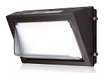 100W Commercial LED Wall Pack 1 - 3/4 view, bronze, ribbed polycarbonate lens cover and robust mounting hardware