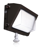 80W Motion Sensor LED Wall Pack 1 - 3/4 view, bronze, prismatic polycarbonate lens for even light distribution