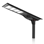 120W Solar LED Flood Light 1 - 3/4 view, black, streamlined aerodynamic housing with four integrated led modules