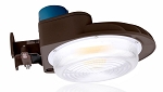 120W LED Barn Style Light 1 - 3/4 view, bronze, large oval prismatic lens, integrated photocell sensor, and adjustable yoke