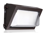 120W Commercial LED Wall Pack 1 - 3/4 view, bronze, angular modern design with large polycarbonate prismatic lens panel