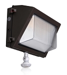 120W Motion Sensor LED Wall Pack 1 - angled view, bronze, rectangular prismatic lens, knuckle mount with white powder-coated