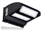 120W Full Cutoff LED Wall Pack 1 - 3/4 view, black, dual rectangular led modules with clear tempered glass lenses