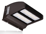 120W Full Cutoff LED Wall Pack 1 - 3/4 view, bronze, dual led arrays with clear tempered glass lenses and extensive heat sink