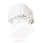 12W Solar LED Flood Light 1 - angled view, white, heat sink base and clear polycarbonate protective cover, 360-degree light