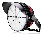 1400W LED Flood Mount Stadium Light 1 - 3/4 view, high-powered led stadium light with black housing featuring prominent heat