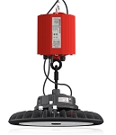 100W LED Shop Light 1 - front view, cylindrical ribbed housing with integrated heat sink fins, pendant mounting system