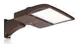 150W Shoebox LED Parking Lot Light 1 - angled view, bronze, adjustable slip-fitter mounting arm and rectangular led array
