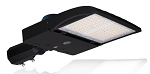 100W Shoebox LED Parking Lot Light 1 - angled view, black, rectangular led array panel with multiple white leds arranged