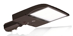 150W Shoebox LED Parking Lot Light 1 - angled view, bronze, rectangular housing with integrated heat sink fins