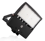150W Shoebox LED Parking Lot Light 1 - angled view, black, adjustable yoke mount, clear tempered glass led lens array