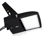 150W Shoebox LED Parking Lot Light 1 - angled view, black, adjustable knuckle mount bracket, clear tempered glass lens