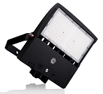 150W Shoebox LED Parking Lot Light 1 - angled view, black, adjustable yoke mount with knuckle joint, clear tempered glass
