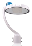 150W LED Post Top Light 1 - angled view, white, curved adjustable arm design with large circular led array behind tempered