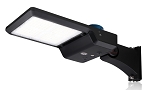 150W Shoebox LED Parking Lot Light 1 - 3/4 view, black, adjustable yoke mounting system with multiple pivot points