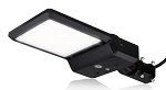 150W Shoebox LED Parking Lot Light 1 - angled view, black, rectangular led panel and integrated photocell sensor