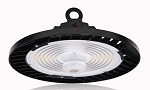 100W LED Shop Light 1 - angled view, black, ufo-style design with integrated heat sink fins around the perimeter