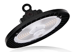 150W LED Shop Light 1 - angled view, black, distinctive ufo-style round design with integrated heat sink fins around