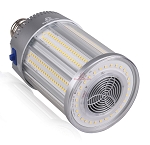 150W LED Large Base Corn Bulb 1 - angled view, silver, high-wattage led corn bulb with clear polycarbonate housing