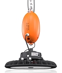 100W LED Shop Light 1 - angled view, black, robust construction with integrated heat sink fins, clear tempered glass lens