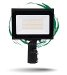 150W LED Parking Lot Flood Light 1 - front view, black, rectangular housing with integrated led array, adjustable knuckle