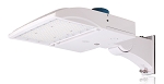 150W Shoebox LED Parking Lot Light 1 - angled view, white, large rectangular led array and integrated cooling fins