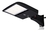150W Shoebox LED Parking Lot Light 1 - 3/4 view, black, led street light fixture featuring rectangular led array