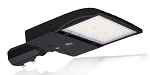 150W LED Parking Lot Light 1 - 3/4 view, black, rectangular led array with white lens cover, integrated heat sink fins