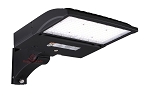150W LED Parking Lot Light 1 - angled view, black, led wall pack light featuring rectangular led array