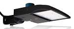 150W Shoebox LED Parking Lot Light 1 - angled view, black, rectangular led array with clear polycarbonate lens
