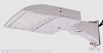 150W Shoebox LED Parking Lot Light 1 - angled view, white, modular design with removable led module panel, integrated heat