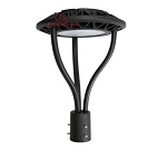 150W LED Post Top Light 1 - 3/4 view, black, distinctive curved support arms and large circular housing with integrated heat