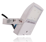 150W Shoebox LED Parking Lot Light 1 - angled view, white, led shoebox light featuring adjustable knuckle mount