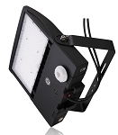 150W Motion Sensor LED Parking Lot Light 1 - 3/4 view, black, adjustable yoke mount with dual pivot points, white led array