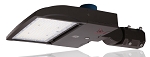 150W Shoebox LED Parking Lot Light 1 - angled view, bronze, modular led array panel, integrated heat sink cooling fins