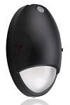 15W Battery Backup LED Wall Pack 1 - 3/4 view, black, integrated photocell sensor on top and white polycarbonate lens