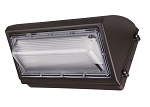 200W Commercial LED Wall Pack 1 - angled view, bronze, rectangular polycarbonate prismatic lens with mounting screws
