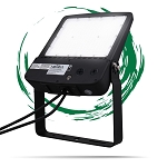 200W LED Parking Lot Flood Light 1 - 3/4 view angled, black, adjustable yoke mount bracket, white led array panel