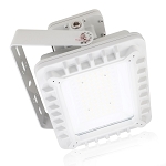 200W Class I Div II LED Light 1 - angled view, white, powder-coated led stadium floodlight with rectangular housing design