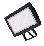 200W LED Parking Lot Flood Light 1 - 3/4 view, black, large rectangular led array behind tempered glass lens, adjustable yoke