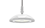 200W LED NSF Certified High Bay Light 1 - angled view, white, ufo-style disc housing and pendant mounting system