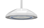 150W LED NSF Certified High Bay Light 1 - 3/4 view, silver, sleek ufo-style design with central led array and blue accent